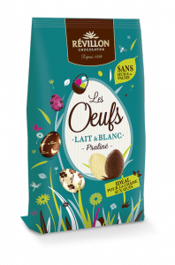 Revillon_Chocolatier_-_Petits_oeufs_lait_et_blanc_praline_sans_huile_de_palme